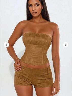 Fashion Nova Spicy Chic Faux Leather Corset Short Set - Brown size medium
